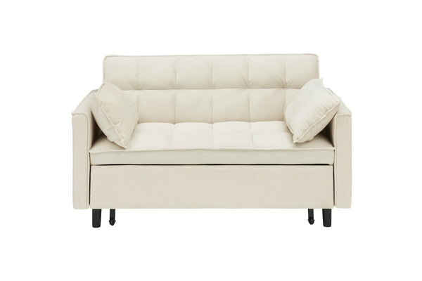 English Elm Modern Velvet Sofa Pull-Out Bed 3-in-1 Convertible Love Seat with Pillows, Spacious 500lb Support Beige W3371P314973