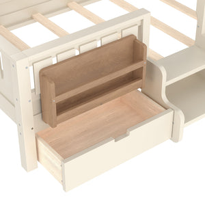 English Elm Twin Kids Storage Bed with Bookshelf Headboard Safety Staircase and Under Drawers Beige W1580P379183