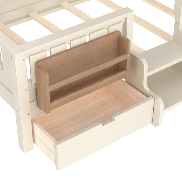 English Elm Twin Kids Storage Bed with Bookshelf Headboard Safety Staircase and Under Drawers Beige W1580P379183