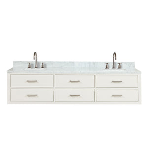 English Elm White Double Bath Vanity 80 in W x 22 in D with Carrara Marble Top, Chrome Gooseneck Faucets, Soft-Close cabinetry B2731P258125