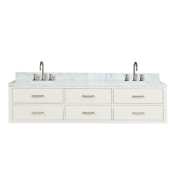 English Elm White Double Bath Vanity 80 in W x 22 in D with Carrara Marble Top, Chrome Gooseneck Faucets, Soft-Close cabinetry B2731P258125