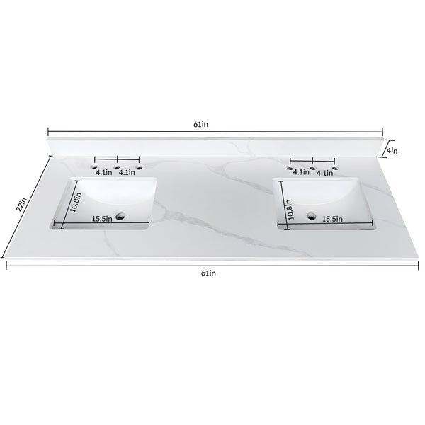 English Elm 61-inch Carrara Quartz Vanity Top Undermount Sink Backsplash Stain Resistant Bath W2699P459411