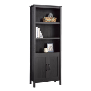 English Elm Bookcase With Doors – Elegant Black Finish, Versatile Storage Solution With Open Shelves & Enclosed Space B356P402625
