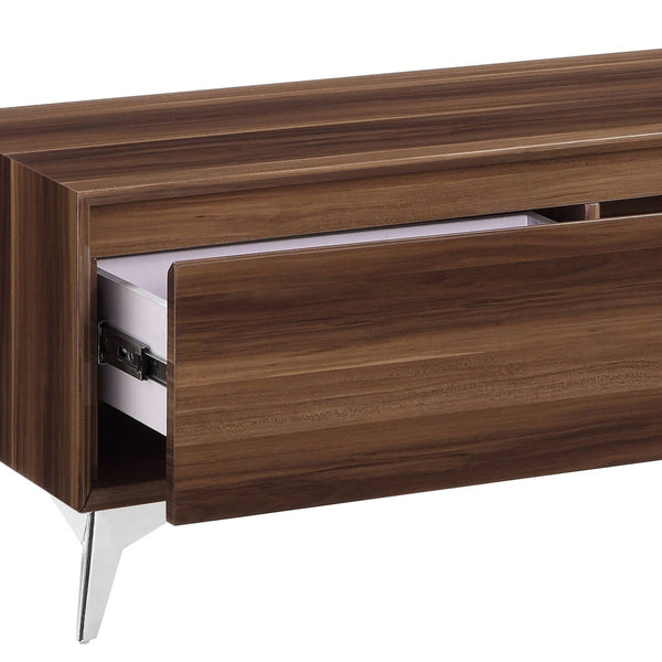 English Elm Raceloma Walnut TV Stand with Chrome Legs & LED Touch Light, Cord Management, Fits 65" TVs B2726P278172
