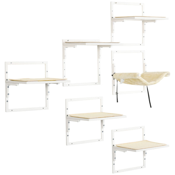English Elm Pawhut 6 Piece Wall Mounted Cat Climbing Set with Plush Hammock and Grip Platforms W2225P217051
