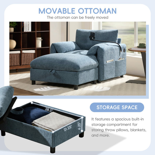 English Elm 37" Oversized Chenille Armchair with Ottoman Usb Charging Pocket Spring Living Room Blue N723P387145C