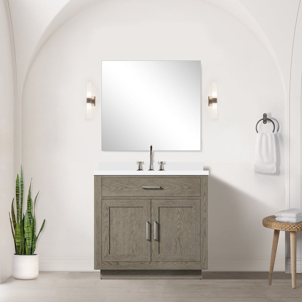 English Elm Grey Grey Oak Single Bath Vanity 36 in W x 22 in D with White Quartz Top, Chrome Gooseneck Faucet, Soft-Close cabinetry enhancements B2731P257689