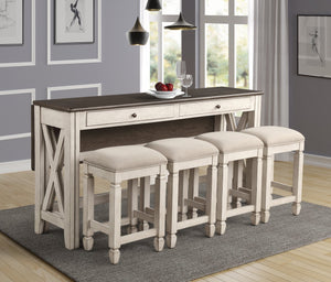 English Elm Drop Drop Leaf Table w/4 Stools Antique White — Solid Wood/MDF, Space-Saving, 36" Expandable, Drawers Included B2699P206765