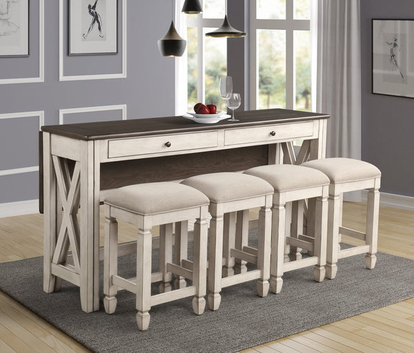 English Elm Drop Drop Leaf Table w/4 Stools Antique White — Solid Wood/MDF, Space-Saving, 36" Expandable, Drawers Included B2699P206765