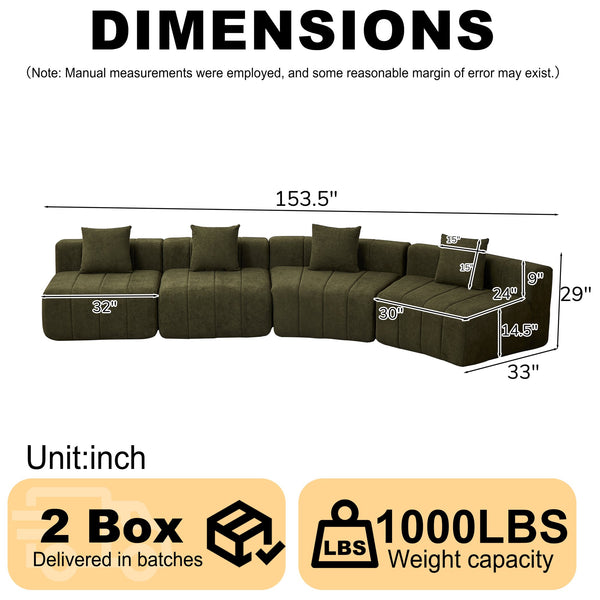 English Elm Chenille Modular Curved Sectional Sofa with Sculptural Piano Key Design and Four Throw Pillows Green W834S00585