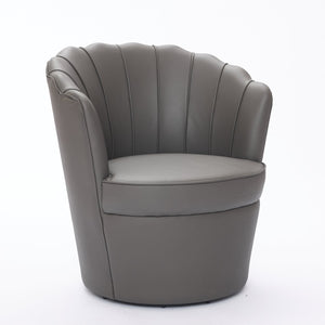 English Elm Gray Petal Swivel Chair with 360° Silent Metal Base, Top-Grain Leather Wingback Accent Seat, Curved Fluted Design W570P375747
