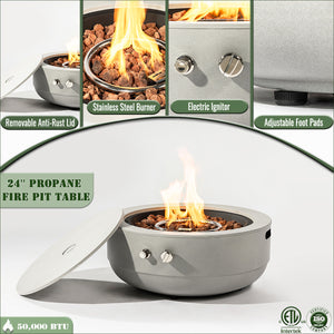 English Elm 24" Propane Fire Pit Bowl 50,000 BTU with Pulse Ignition, Stainless Steel Burner, Lava Rocks, Grey W853P193938