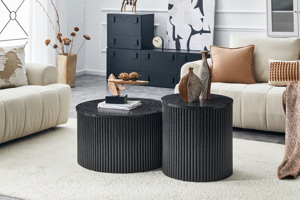 English Elm 2-piece Nesting Round Tables Roman Column Base with Storage Black Wood Grain Living Room W3875P396796