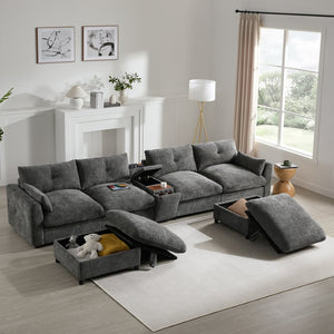 English Elm 142'' Modular Sectional Sofa - 6 Seats, Movable Ottoman, Usb Charging, Chic Chenille Style N723S9777E-GIGA