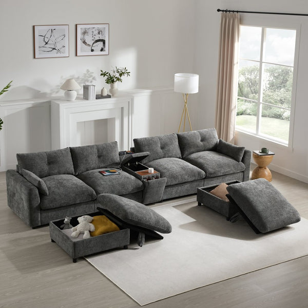 English Elm 142'' Modular Sectional Sofa - 6 Seats, Movable Ottoman, Usb Charging, Chic Chenille Style N723S9777E-GIGA