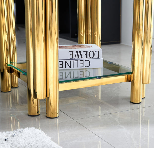 English Elm 20 Inch Square End Table - Modern Gold Stainless Steel & Glass Side Table With Double-Layer Storage W2978S00006
