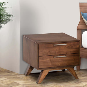 English Elm 2 Drawer Mid-century Wooden Nightstand with Angled Legs and Metal Bar Pulls B056P416783