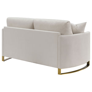 English Elm Rufo Beige Fabric Loveseat with Gold Steel Legs Arched Arms and Feather Cushions B062P357784