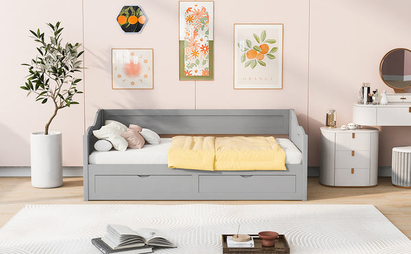 English Elm Wooden Twin Daybed with Pull Out Trundle and Dual Storage Drawers for Guest Rooms Gray LP000519AAE-1