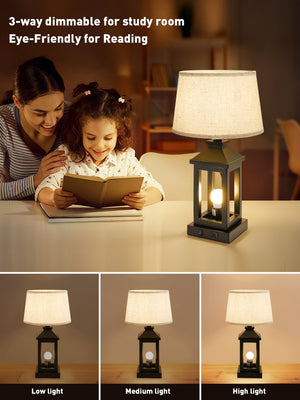 English Elm 20.5in Vintage Table Lamp Set of 2 Rustic Farmhouse Nightstand Lamps with Linen Shade & USB Ports Black W2312P389974