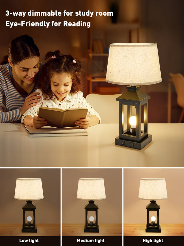 English Elm 20.5in Vintage Table Lamp Set of 2 Rustic Farmhouse Nightstand Lamps with Linen Shade & USB Ports Black W2312P389974