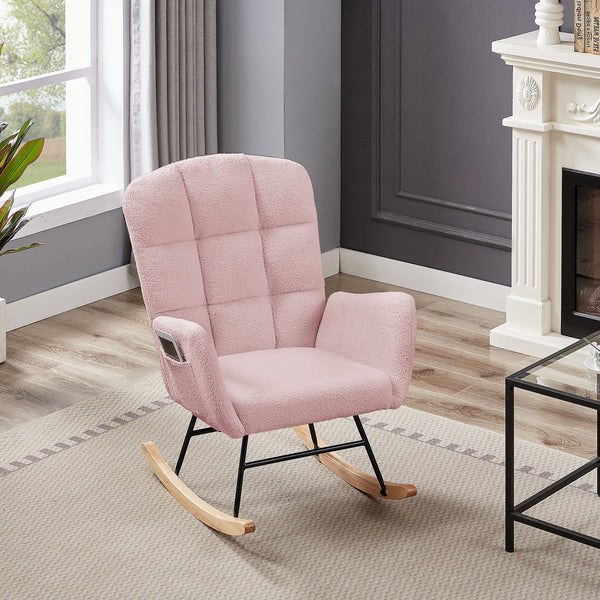 English Elm Cream Plush Teddy Fabric Rocking Armchair with High Back Support for Nursery Pink W3985P404155
