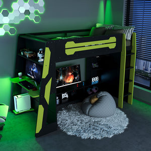 English Elm Twin Gaming Loft Bed with Desk Rgb Lighting and Multi-tier Shelves for Teen Rooms Green LT000160AAG