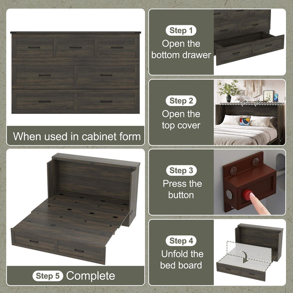 English Elm Murphy Full-Size Cabinet Bed with Built-In Charging Station, Storage Drawer & 700lb Capacity Comfort Gray 57.25 L x 27 W x 6 H N733S293997G