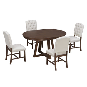 English Elm Trexm Retro 5 Piece Extendable Round Dining Set with Button Tufted Upholstered Chairs Walnut ST000094AAD-2026