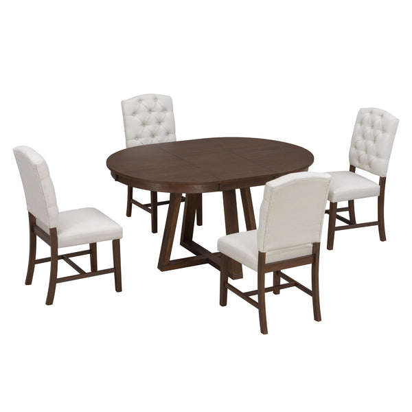 English Elm Trexm Retro 5 Piece Extendable Round Dining Set with Button Tufted Upholstered Chairs Walnut ST000094AAD-2026