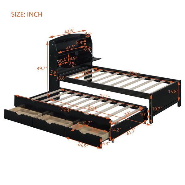 English Elm Twin LED Platform Bed with Trundle and Under-Storage Drawers, Flip-Up Headboard, USB Ports Espresso N820S10008D