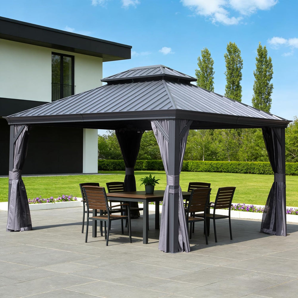 English Elm 13x15ft Hardtop Gazebo Galvanized Steel Double Roof Ventilated Patio Shelter with Netting Gray W1859S00205