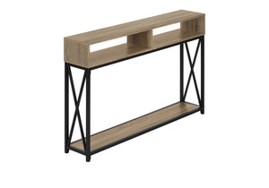 English Elm Accent Taupe Console Table 47"L x 9"D x 31"H – Narrow Entryway Sofa Table with Black Metal X Frame, Two Shelves B2710P221336