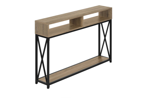 English Elm Accent Taupe Console Table 47"L x 9"D x 31"H – Narrow Entryway Sofa Table with Black Metal X Frame, Two Shelves B2710P221336