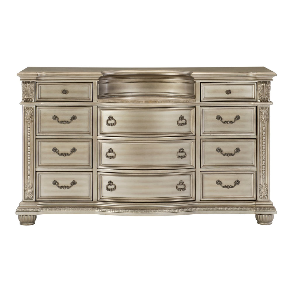 English Elm Silver Cavalier 11-Drawer Dresser with Genuine Marble Top, Silver Finish Birch Veneer, Traditional Elegance B011P264611
