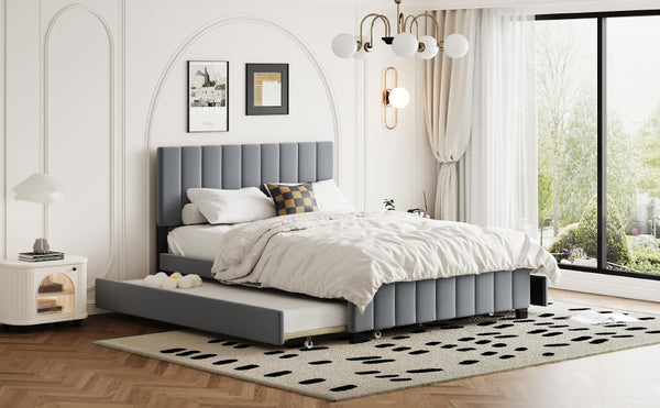English Elm Queen Tufted Velvet Platform Bed with Storage Drawers and Pull Out Trundle Gray LP000714AAE-1