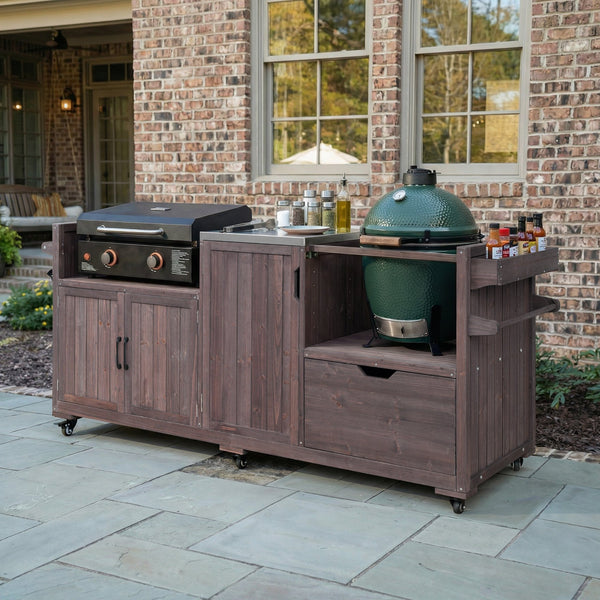 English Elm K&k 80.5 Inch Outdoor Kitchen Island Solid Fir Wood Stainless Steel Grill Cart Station Brown N707P392140Z