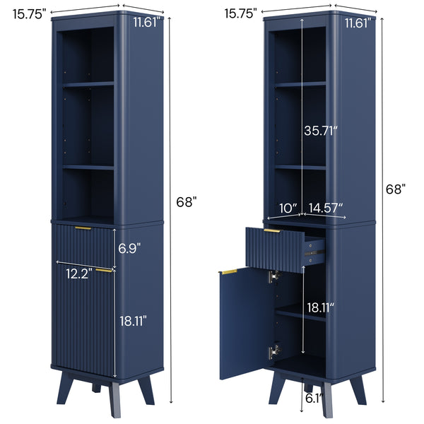 English Elm 68" Tall Fluted Freestanding Storage Cabinet with Drawer and Adjustable Shelf for Bathroom Blue N817P375218B