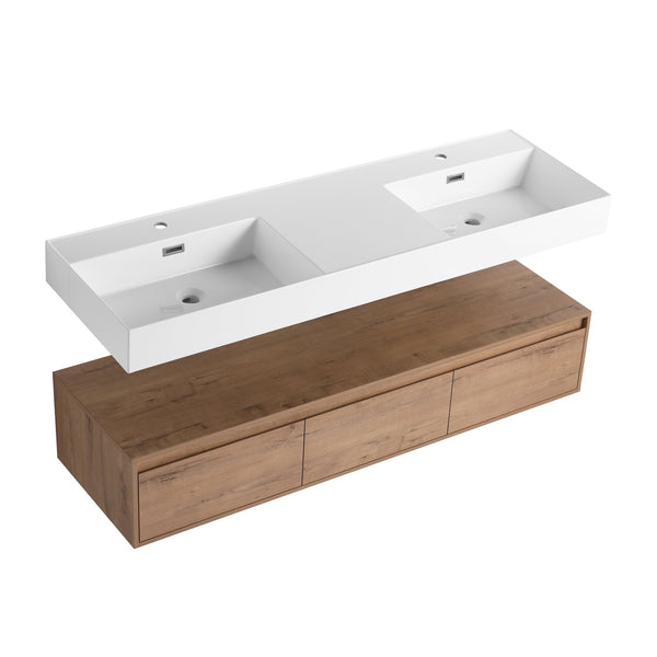 English Elm 60 Inch Wall-Mounted Modern Bathroom Vanity With Dual Resin Sinks, Soft Close Drawers & Chic Design W999S00356