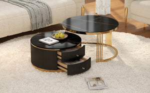English Elm Modern Round Nesting Coffee Table Set with Gold Pedestal Legs and Storage Drawers Black N735P349323B