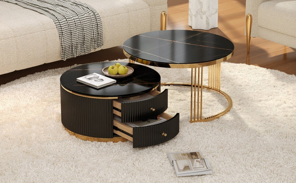 English Elm Modern Round Nesting Coffee Table Set with Gold Pedestal Legs and Storage Drawers Black N735P349323B