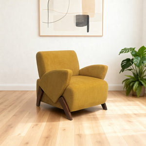 English Elm Lounge Accent Chair Velvet Upholstered Seat with Birch Legs for Compact Living Spaces Brown Yellow W2901P463462