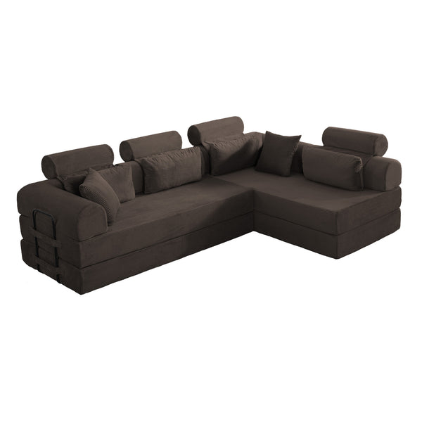 English Elm L Shaped Corduroy Sectional Sofa Converts to Sleeper Bed Space Saving Modular Couch Brown W5532S00007
