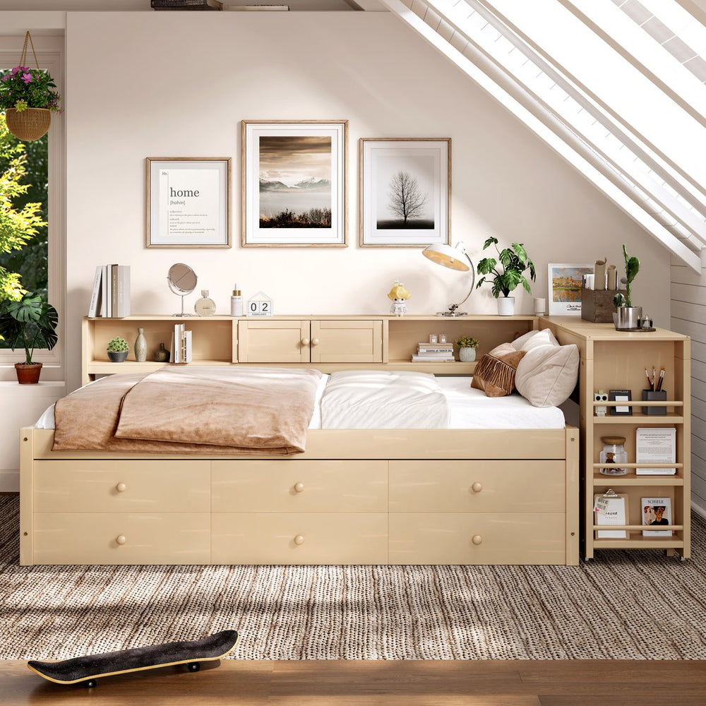 English Elm Twin Daybed Pine Frame with Trundle Desk Hutch Shelves and Storage for Kids Rooms Golden W1580S00460
