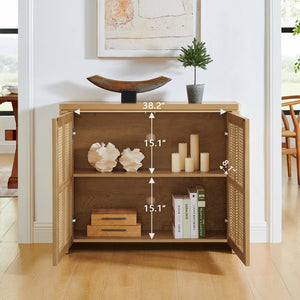 English Elm 39.4" Mid Century Modern Rattan Sideboard Buffet Cabinet with Pop-Up Doors, Charging Holes, Stylish Storage Natural W1801P362143