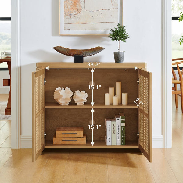 English Elm 39.4" Mid Century Modern Rattan Sideboard Buffet Cabinet with Pop-Up Doors, Charging Holes, Stylish Storage Natural W1801P362143
