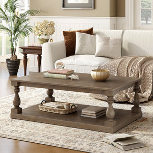English Elm U_style Pine Veneer Coffee Table with Sculptural Turned Legs for Classic Living Room Decor Brown N711P407149D
