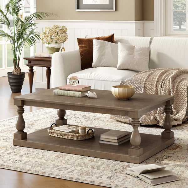 English Elm U_style Pine Veneer Coffee Table with Sculptural Turned Legs for Classic Living Room Decor Brown N711P407149D