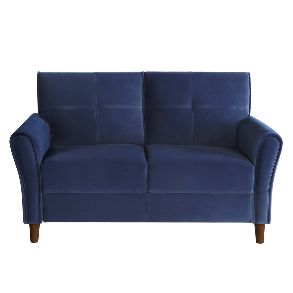 English Elm Blue Velvet Dunleith Loveseat Plush Tufted Seatbacks Flared Arms Solid Wood Frame Modern Chic B011P204911