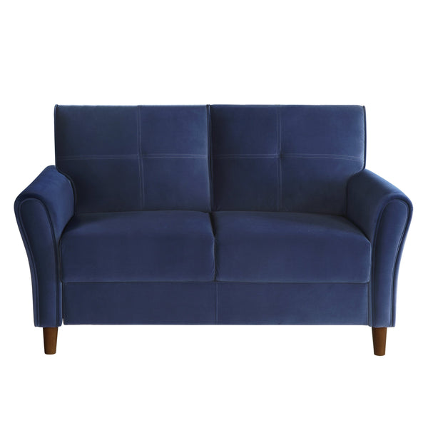 English Elm Blue Velvet Dunleith Loveseat Plush Tufted Seatbacks Flared Arms Solid Wood Frame Modern Chic B011P204911